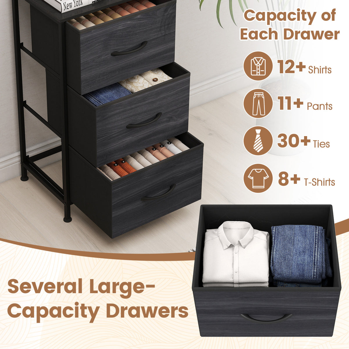 Dresser Nightstand with Roomy Fabric Drawers for Bedroom Storage Cabinet with Metal Frame-Black view 5