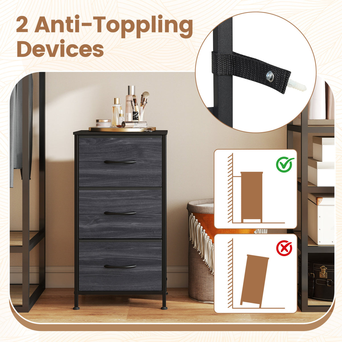 Dresser Nightstand with Roomy Fabric Drawers for Bedroom Storage Cabinet with Metal Frame-Black view 6