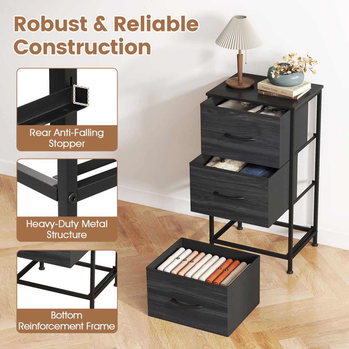 Dresser Nightstand with Roomy Fabric Drawers for Bedroom Storage Cabinet with Metal Frame-Black view 7