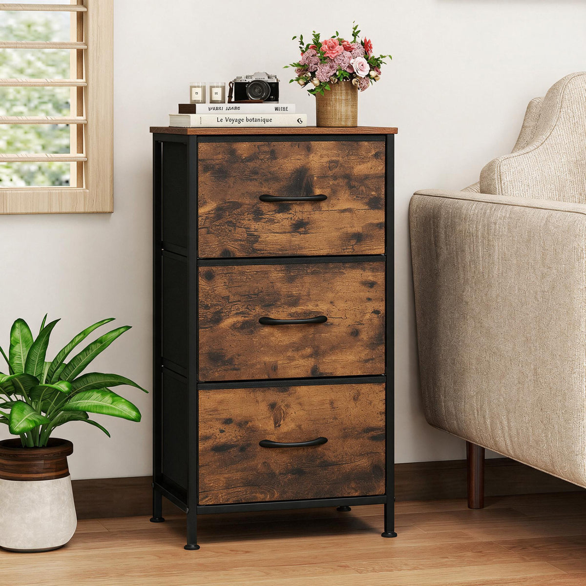 Dresser Nightstand with Roomy Fabric Drawers for Bedroom Storage Cabinet with Metal Frame-Brown view 3