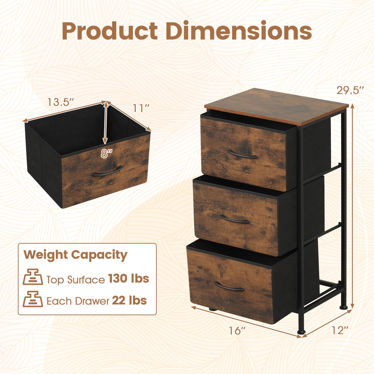 Dresser Nightstand with Roomy Fabric Drawers for Bedroom Storage Cabinet with Metal Frame-Brown view 4