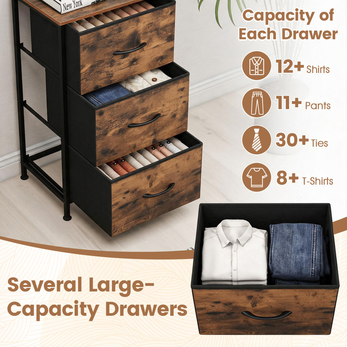 Dresser Nightstand with Roomy Fabric Drawers for Bedroom Storage Cabinet with Metal Frame-Brown view 5