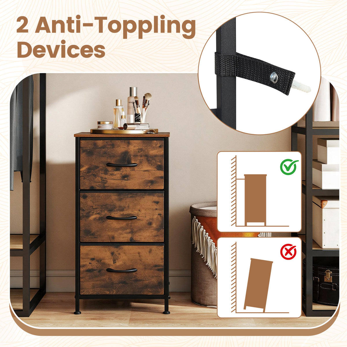 Dresser Nightstand with Roomy Fabric Drawers for Bedroom Storage Cabinet with Metal Frame-Brown view 6