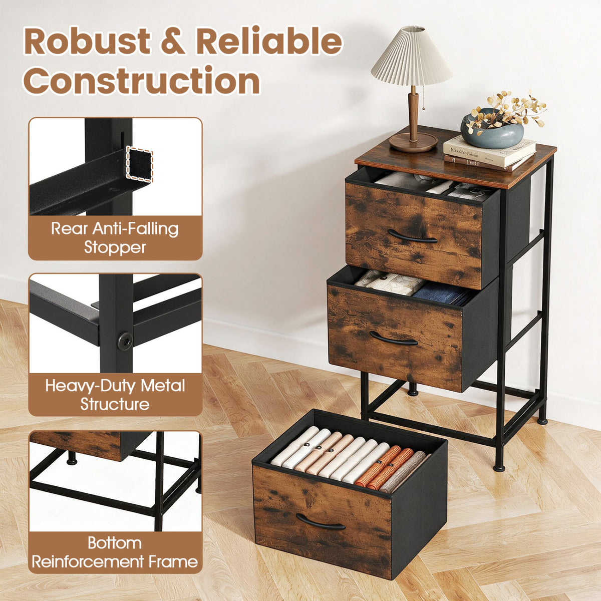 Dresser Nightstand with Roomy Fabric Drawers for Bedroom Storage Cabinet with Metal Frame-Brown view 7