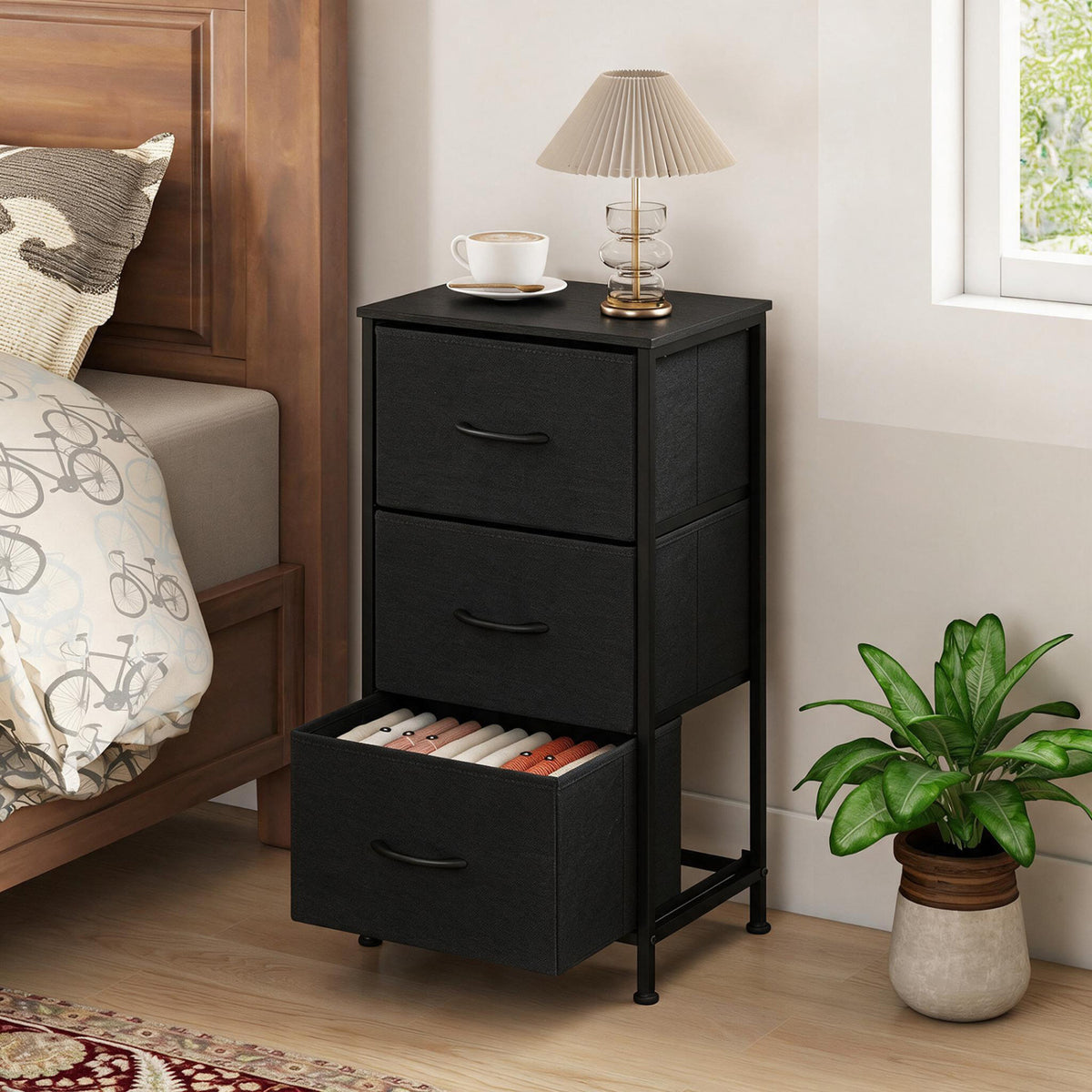 Dresser Nightstand with Roomy Fabric Drawers for Bedroom Storage Cabinet with Metal Frame-Dark Black view 2