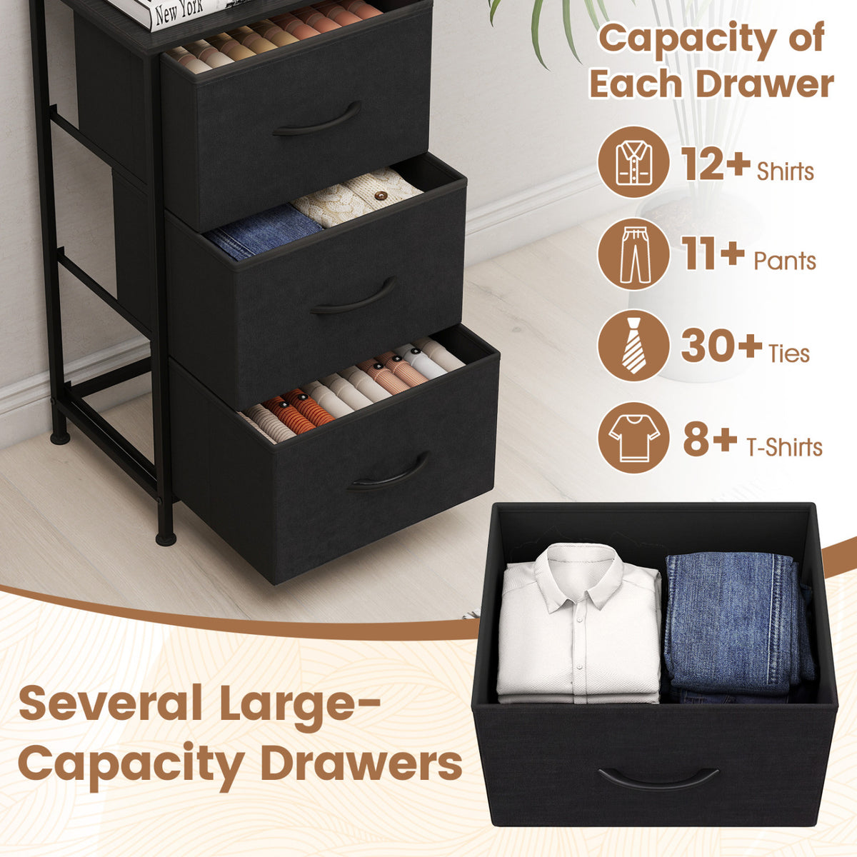 Dresser Nightstand with Roomy Fabric Drawers for Bedroom Storage Cabinet with Metal Frame-Dark Black view 5