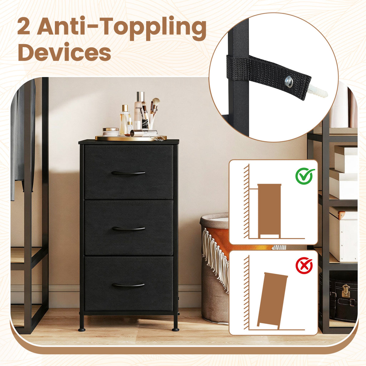Dresser Nightstand with Roomy Fabric Drawers for Bedroom Storage Cabinet with Metal Frame-Dark Black view 6