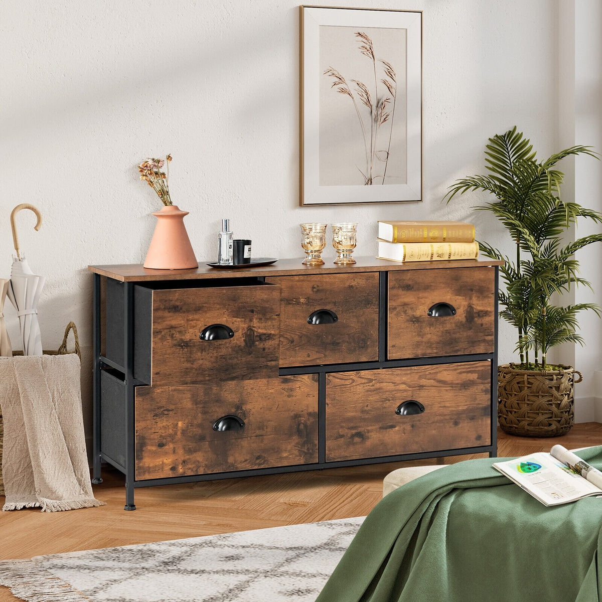 Dresser Organizer with 5 Drawers and Wooden Top-Rustic Brown view 2