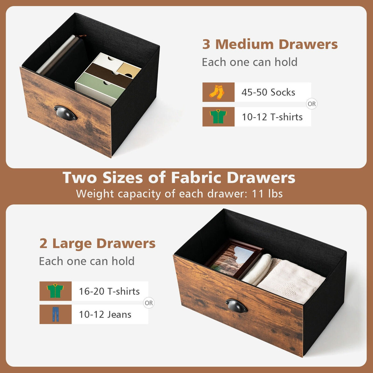 Dresser Organizer with 5 Drawers and Wooden Top-Rustic Brown view 3