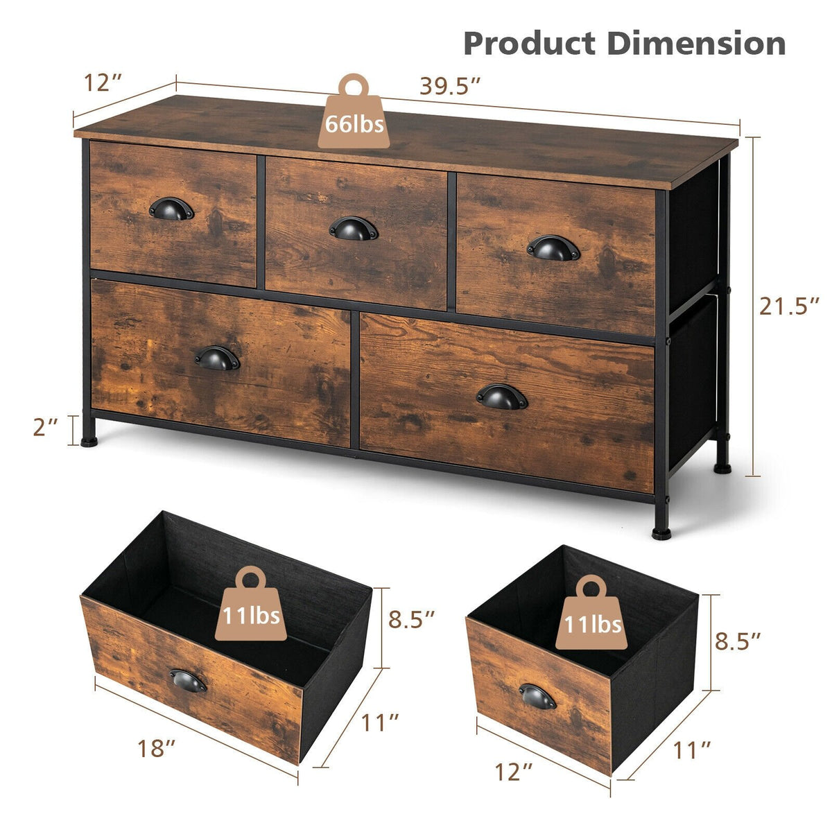 Dresser Organizer with 5 Drawers and Wooden Top-Rustic Brown view 4