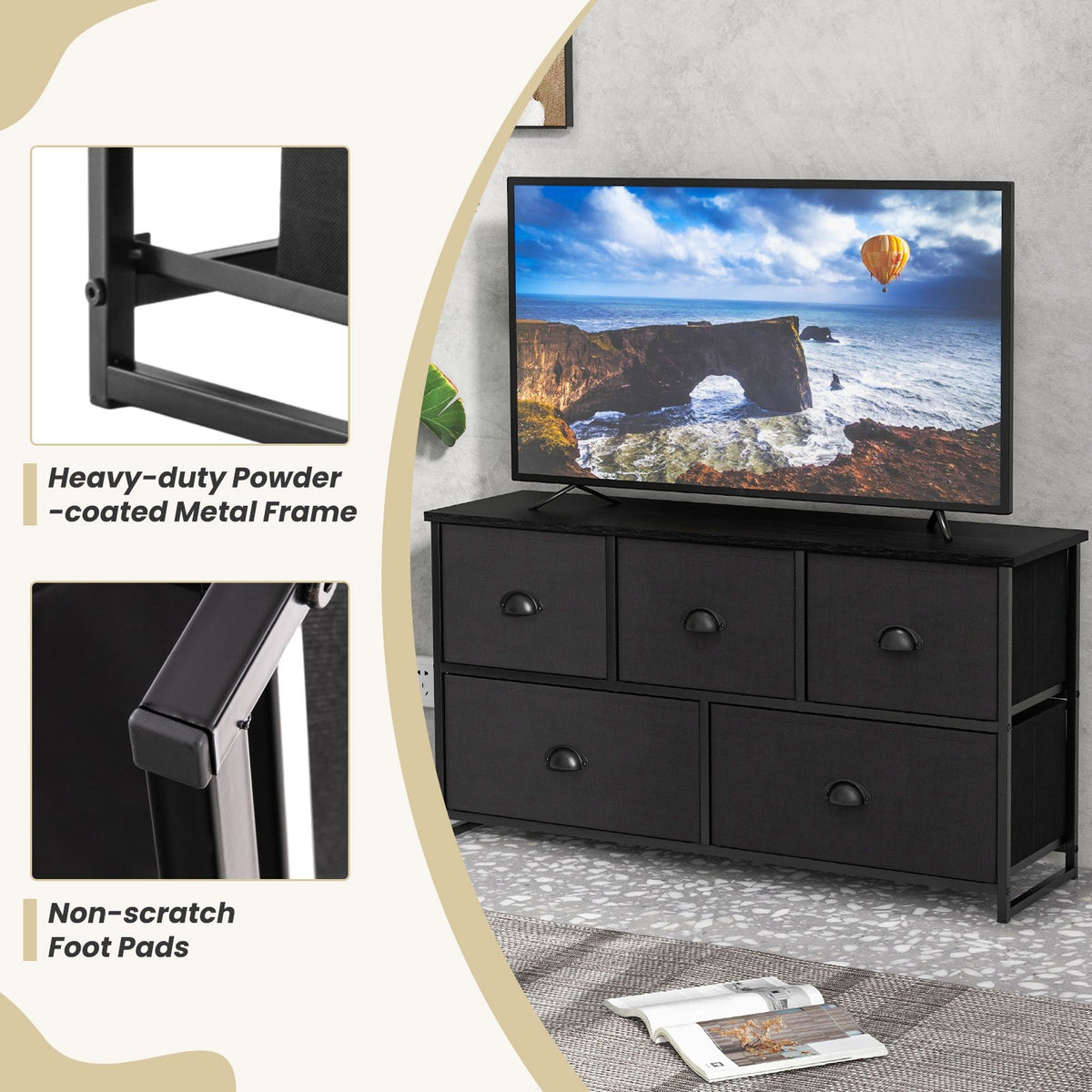 Dresser Storage Tower with 5 Foldable Cloth Storage Cubes-Black view 8