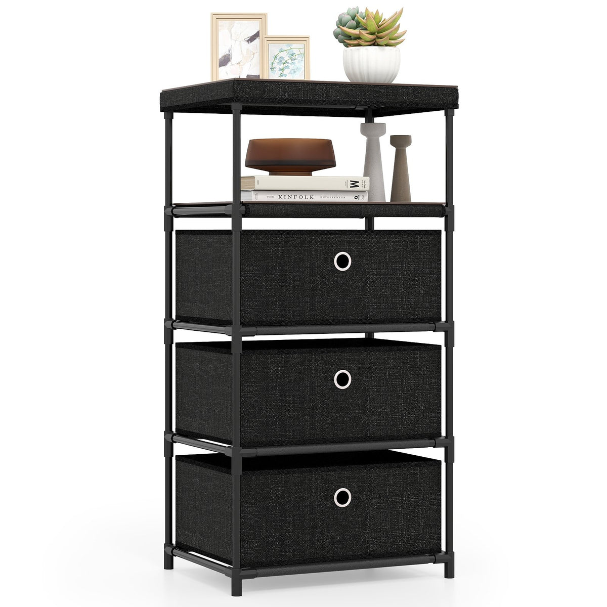 Dresser with 3/4 Drawers Fabric Storage Tower with Wood Top and Metal Frame-M view 4
