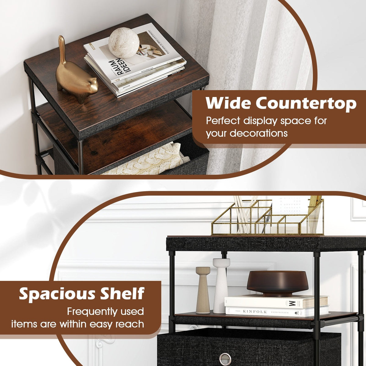 Dresser with 3/4 Drawers Fabric Storage Tower with Wood Top and Metal Frame-M view 9