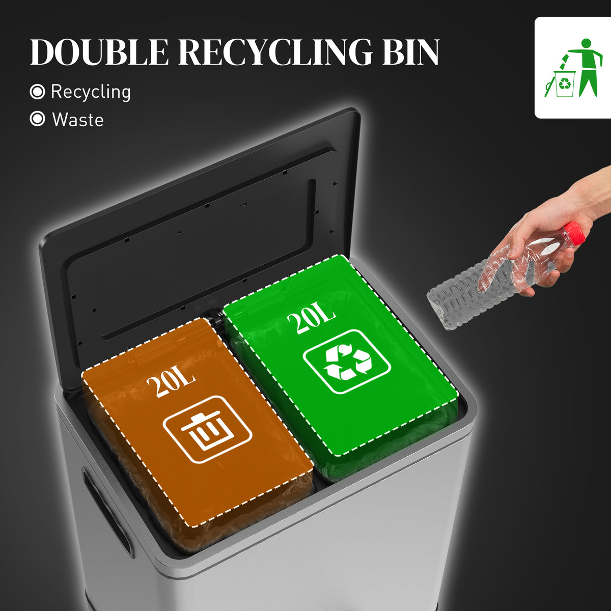 2x5.3 gal (2x20 L) Garbage Bin, Stainless Steel Garbage Can with Soft-Close Lid and Removable Inner – view 10