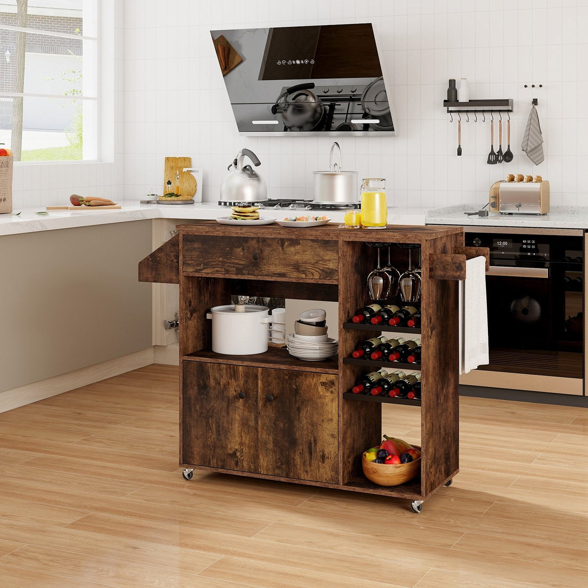Drop Leaf Mobile Kitchen Island Cart with Power Outlet and Adjustable Shelf-Rustic Brown view 2