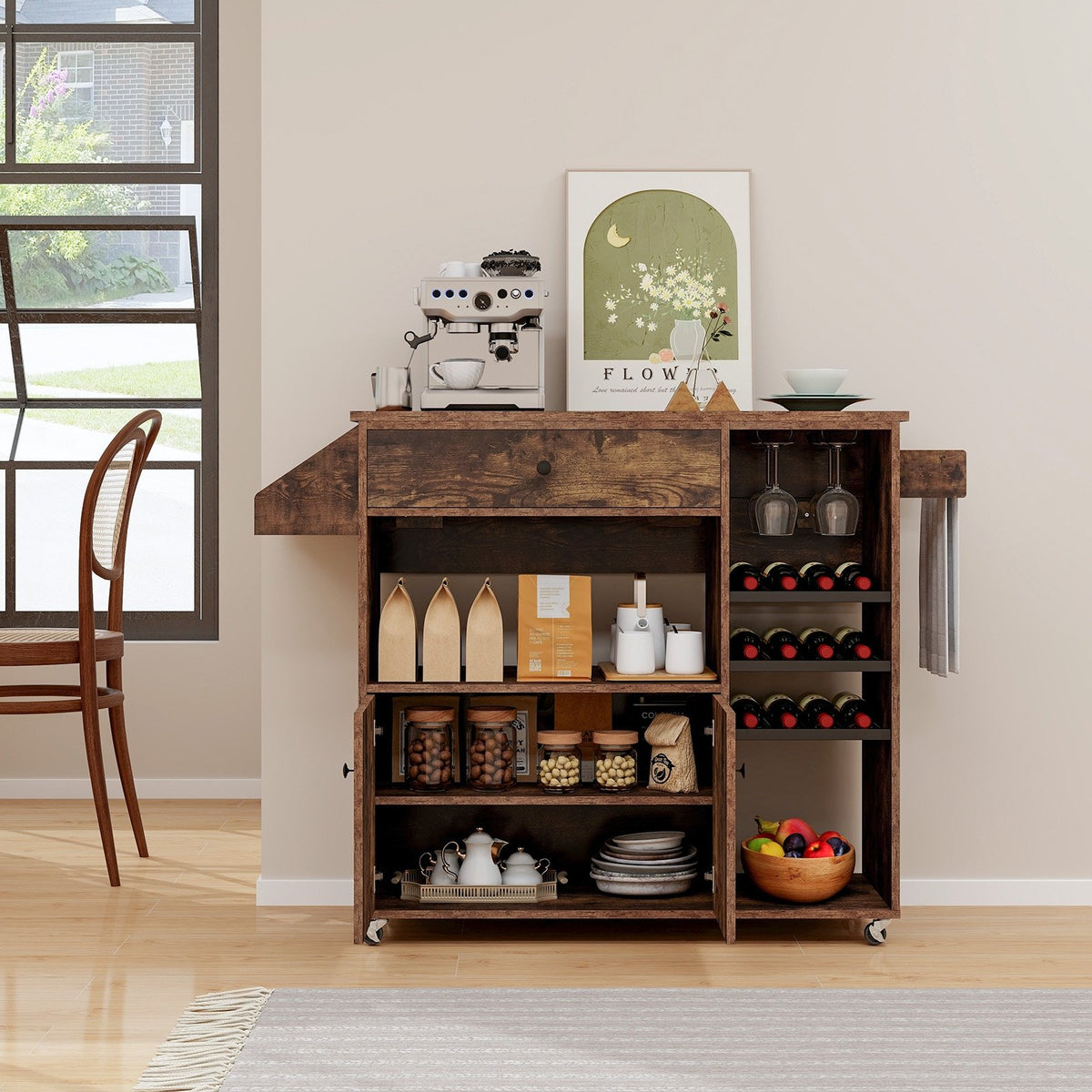 Drop Leaf Mobile Kitchen Island Cart with Power Outlet and Adjustable Shelf-Rustic Brown view 3
