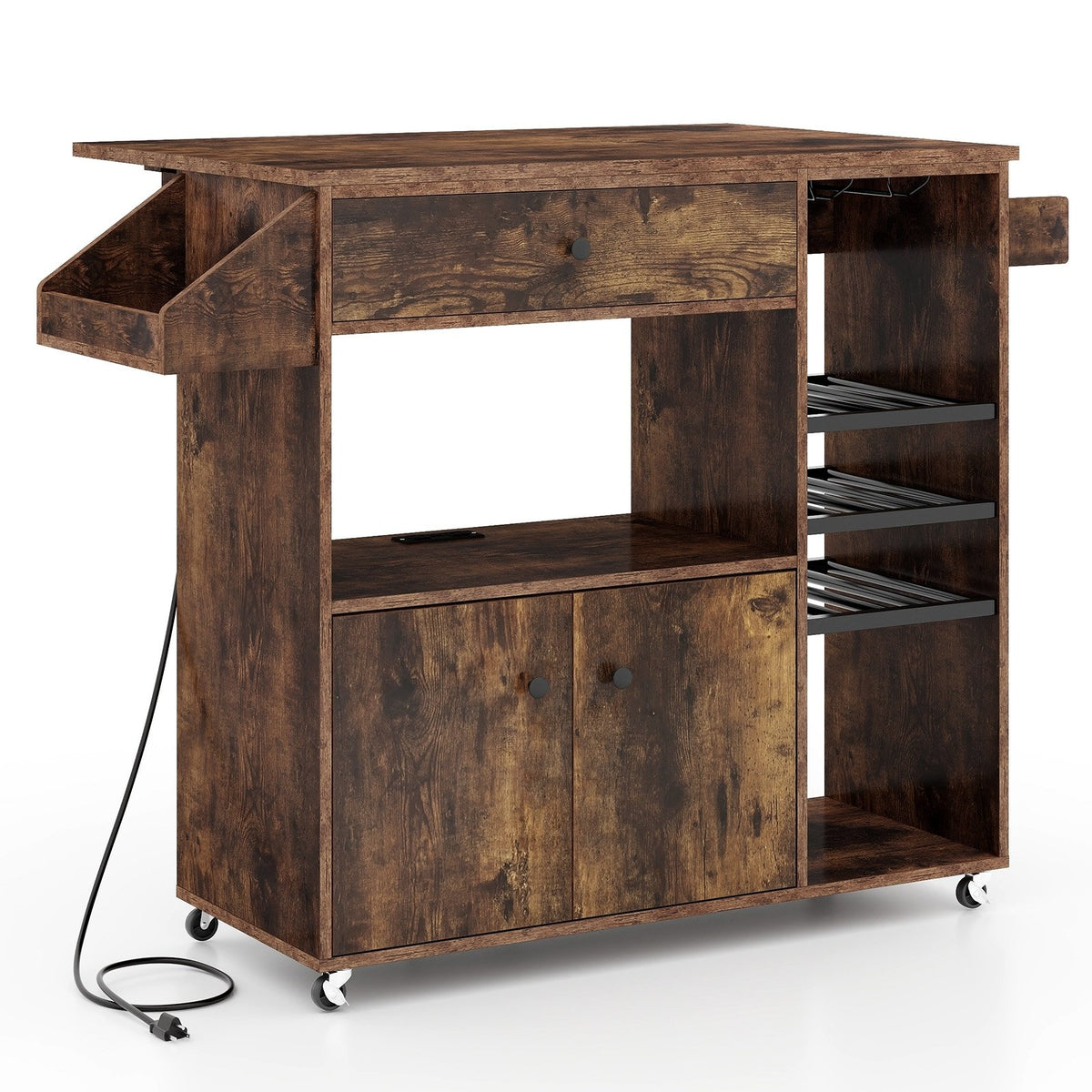 Drop Leaf Mobile Kitchen Island Cart with Power Outlet and Adjustable Shelf-Rustic Brown view 4