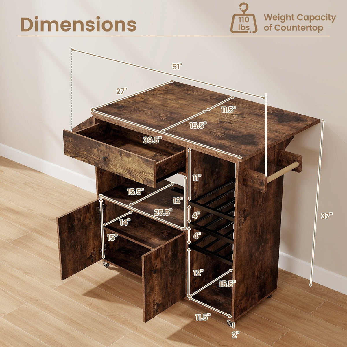 Drop Leaf Mobile Kitchen Island Cart with Power Outlet and Adjustable Shelf-Rustic Brown view 5
