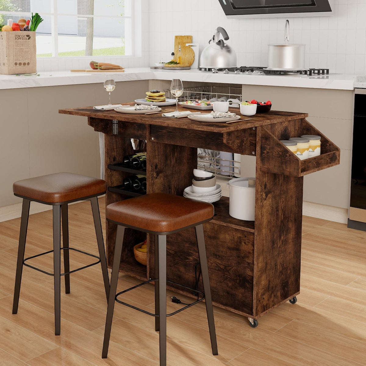 Drop Leaf Mobile Kitchen Island Cart with Power Outlet and Adjustable Shelf-Rustic Brown view 6