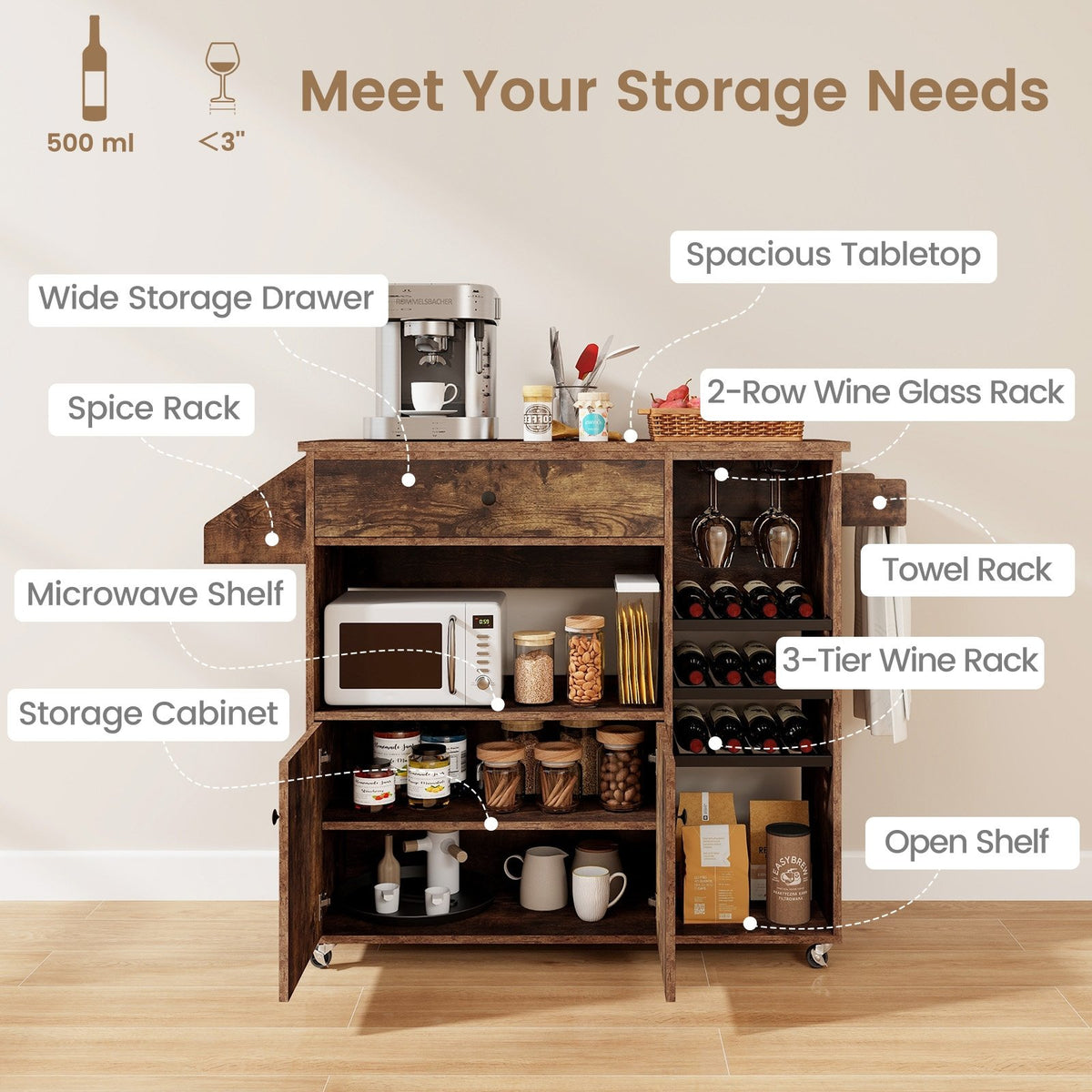 Drop Leaf Mobile Kitchen Island Cart with Power Outlet and Adjustable Shelf-Rustic Brown view 8