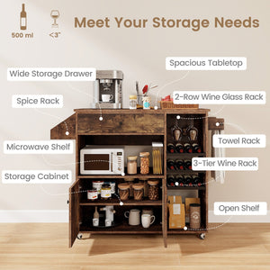 Drop Leaf Mobile Kitchen Island Cart with Power Outlet and Adjustable Shelf-Rustic Brown view 8