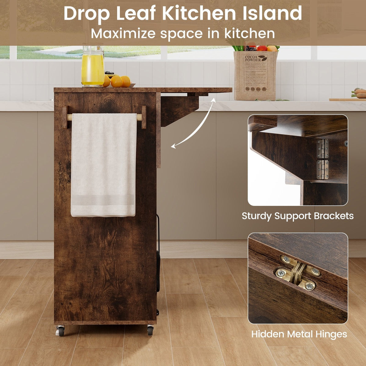 Drop Leaf Mobile Kitchen Island Cart with Power Outlet and Adjustable Shelf-Rustic Brown view 9