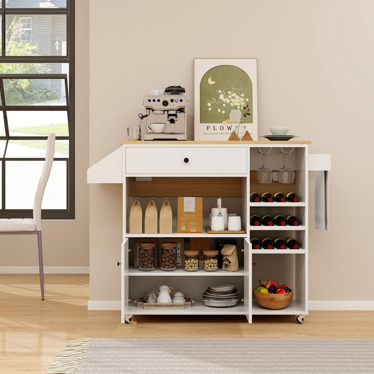 Drop Leaf Mobile Kitchen Island Cart with Power Outlet and Adjustable Shelf-White view 3