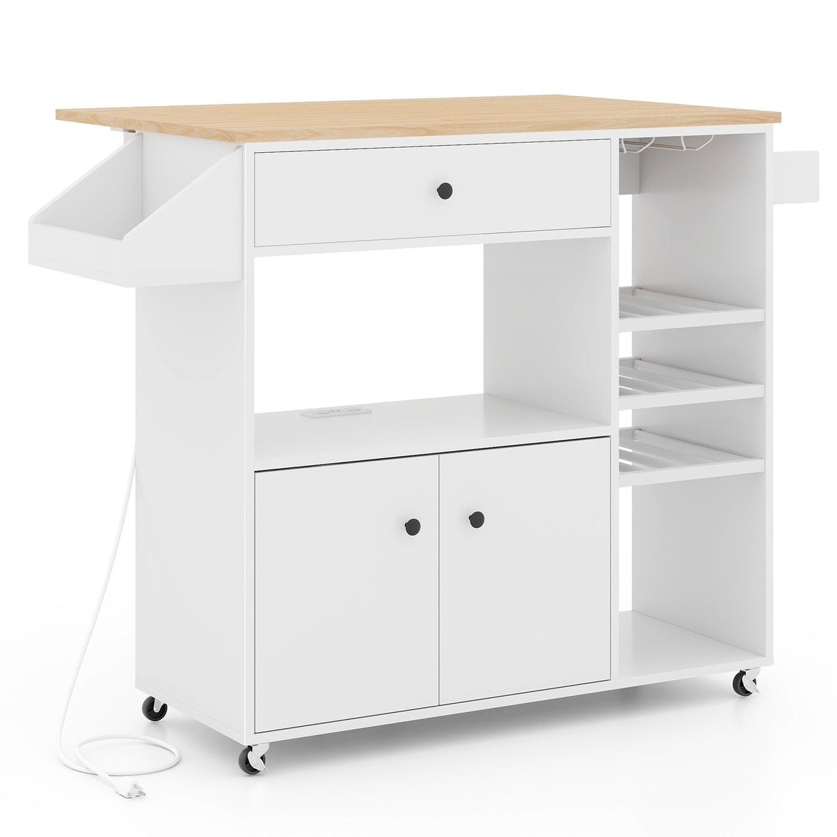 Drop Leaf Mobile Kitchen Island Cart with Power Outlet and Adjustable Shelf-White view 4