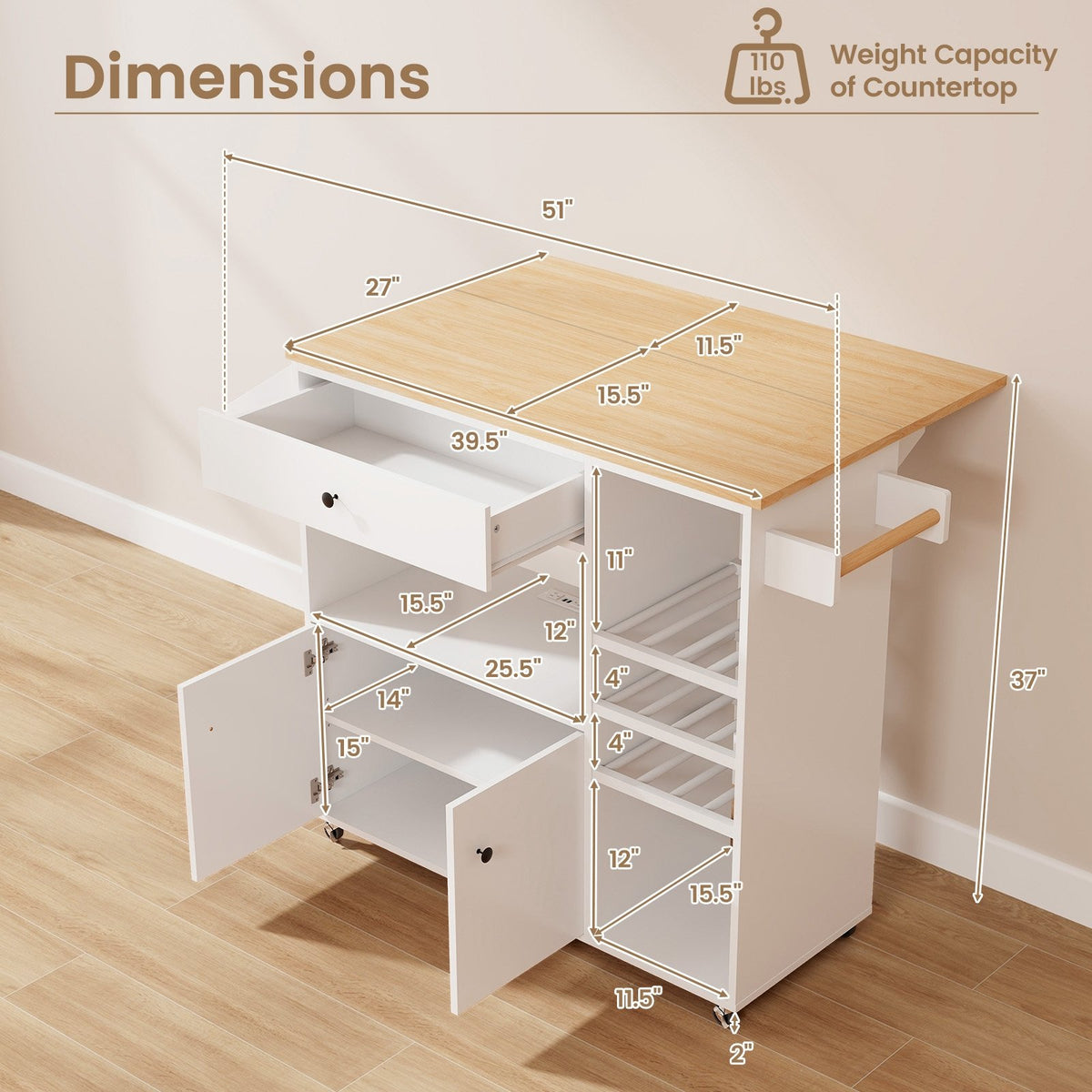 Drop Leaf Mobile Kitchen Island Cart with Power Outlet and Adjustable Shelf-White view 5