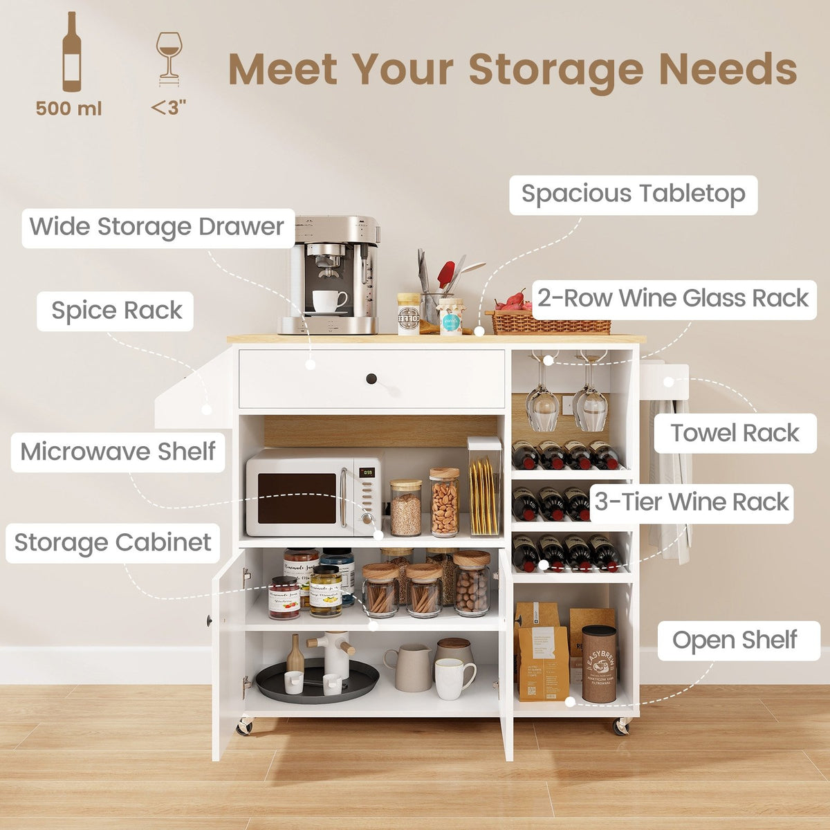 Drop Leaf Mobile Kitchen Island Cart with Power Outlet and Adjustable Shelf-White view 6
