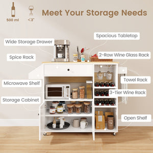 Drop Leaf Mobile Kitchen Island Cart with Power Outlet and Adjustable Shelf-White view 6
