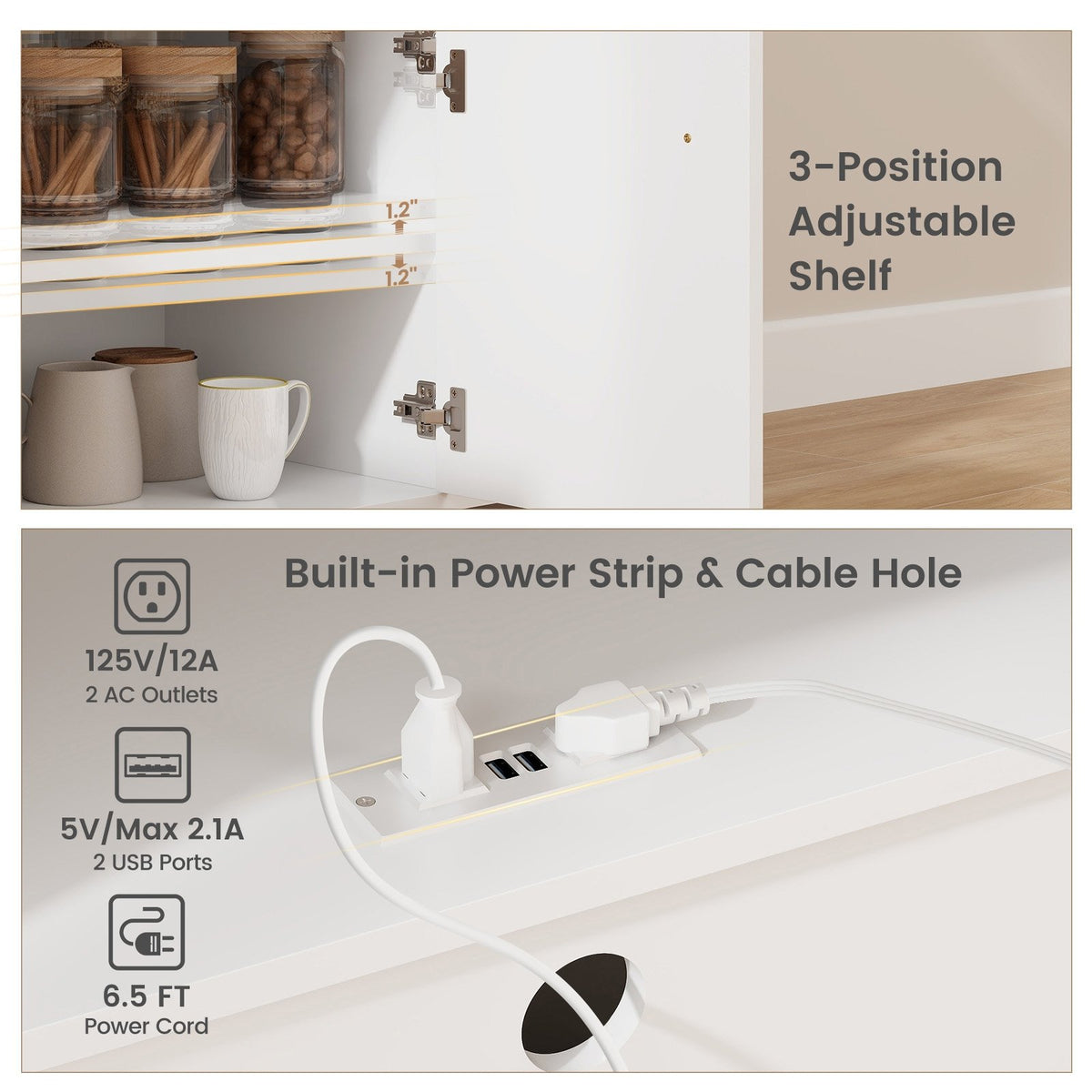 Drop Leaf Mobile Kitchen Island Cart with Power Outlet and Adjustable Shelf-White view 7