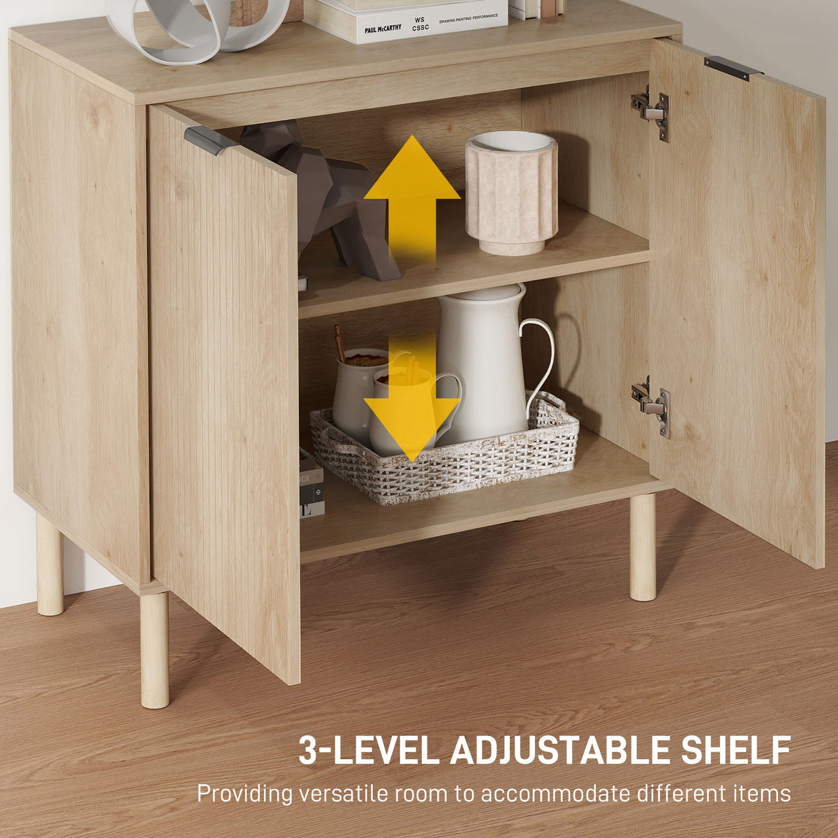 Accent Cabinet with Doors & Adjustable Shelf, Freestanding Console Cabinet with Wood Legs, Elevated Base for Living Room, Oak