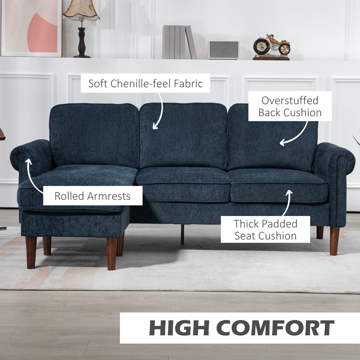 L Shape Sofa, Modern Sectional Couch with Changeable Chaise Lounge, Wooden Legs, Corner Sofa for Living Room, Dark Blue