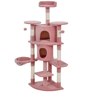 62" Cat Tree with Scratching Post, 2 Condos, Hammock, Perches, Plush, Pompoms, for Indoor Cats, Beige – view 22