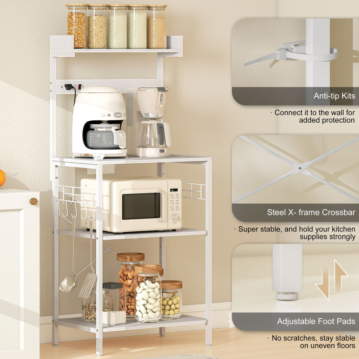 Kitchen Baker's Rack with Power Outlet, Coffee Bar Station with Adjustable Shelves and Hooks – view 48