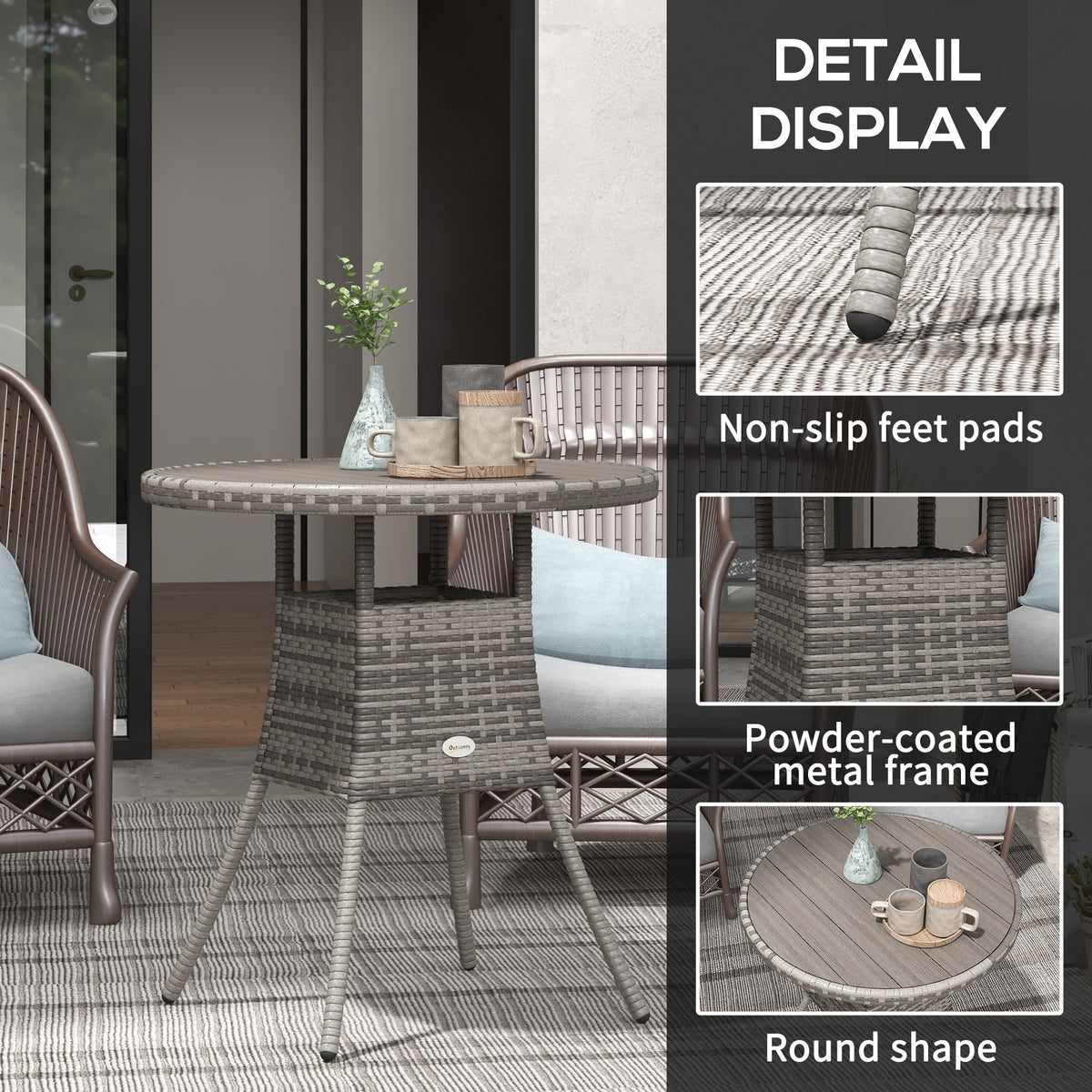 27.5" Outdoor Wicker Dining Table, PE Rattan Patio Furniture with Wood-plastic Composite Top, Grey – view 5