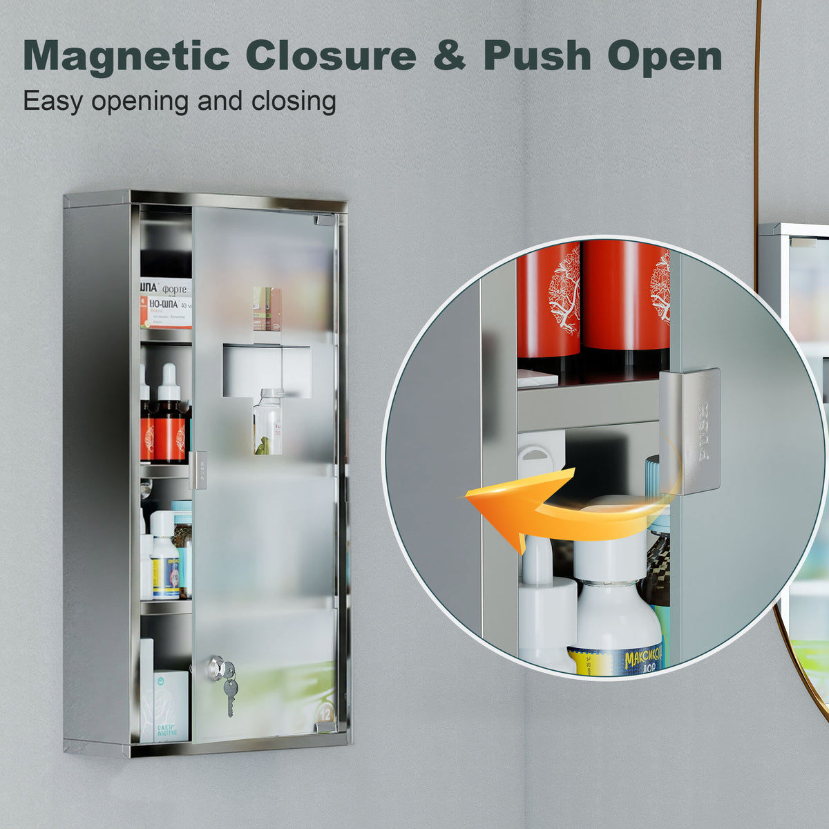 Wall Mount Medicine Cabinet, Bathroom Cabinet with 3 Tier Shelves, Stainless Steel Frame and Glass Door, Lockable with 2 Keys, Silver, 12" x 23.5"