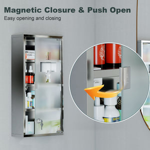 Wall Mount Medicine Cabinet, Bathroom Cabinet with 3 Tier Shelves, Stainless Steel Frame and Glass Door, Lockable with 2 Keys, Silver, 12" x 23.5"