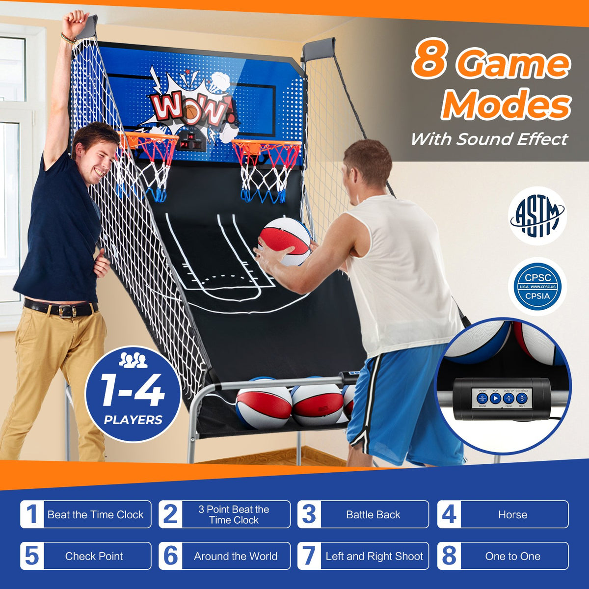 Dual Shot Basketball Arcade Game with 8 Game Modes and 4 Balls-Blue view 5