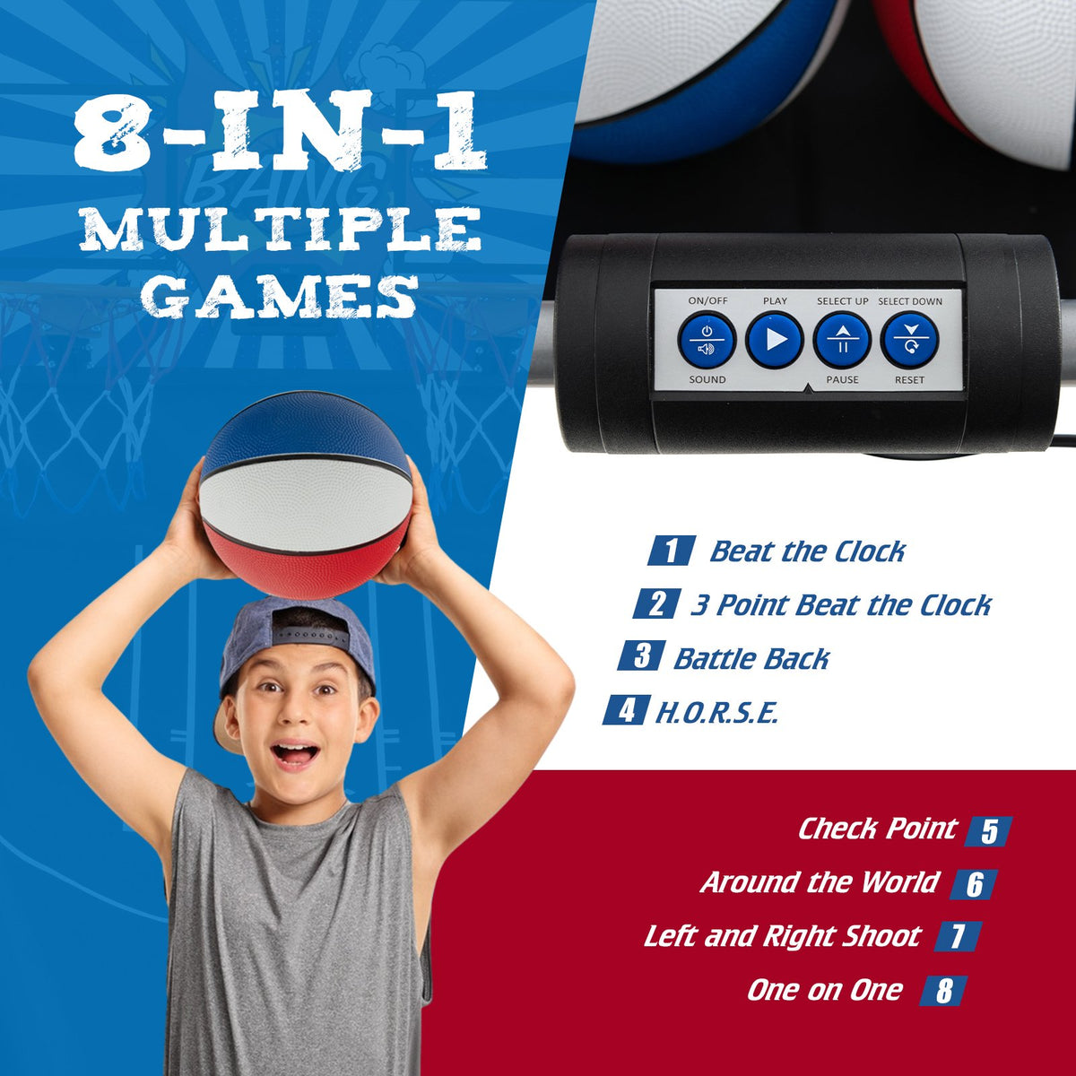 Dual Shot Basketball Arcade Game with 8 Game Modes and 4 Balls-Red view 6