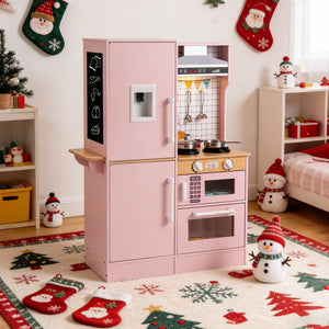 Dual-Sided Kids Play Kitchen with Water Dispenser and Range Hood for 3+ Years Old-Pink view 6