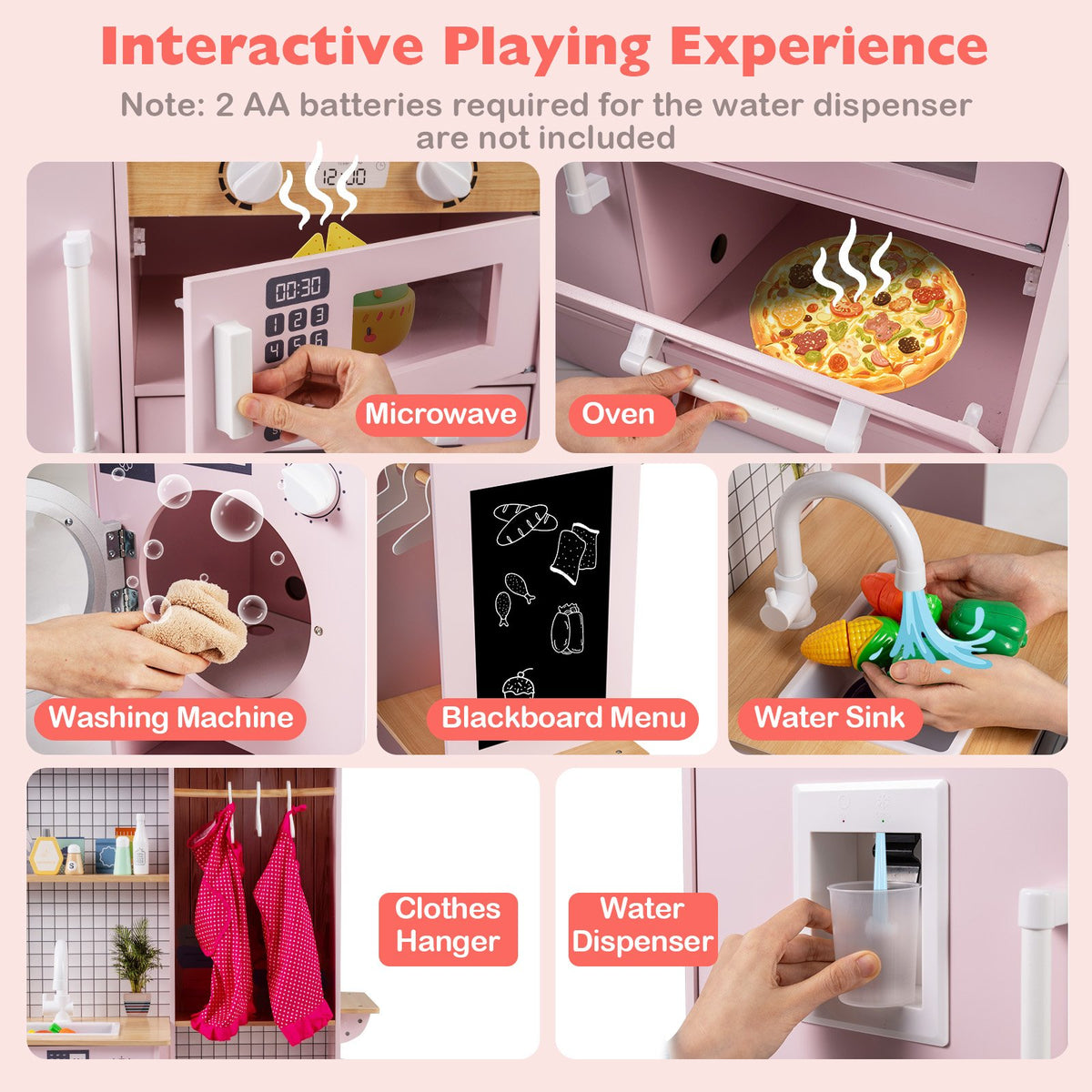 Dual-Sided Kids Play Kitchen with Water Dispenser and Range Hood for 3+ Years Old-Pink view 8