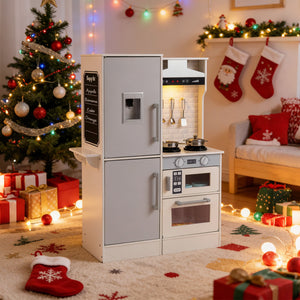 Dual-Sided Kids Play Kitchen with Water Dispenser and Range Hood for 3+ Years Old-White view 6