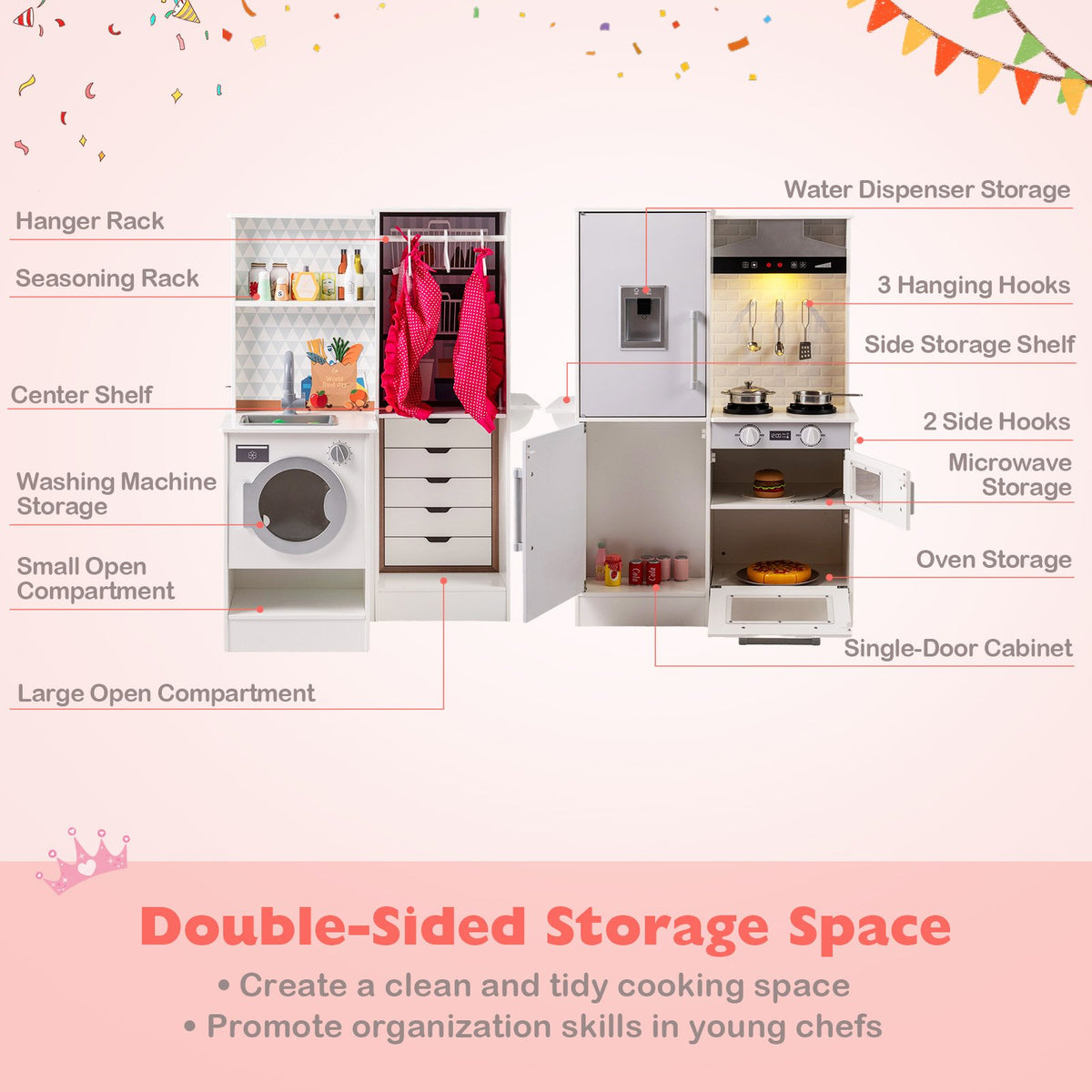 Dual-Sided Kids Play Kitchen with Water Dispenser and Range Hood for 3+ Years Old-White view 9