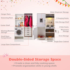Dual-Sided Kids Play Kitchen with Water Dispenser and Range Hood for 3+ Years Old-White view 9