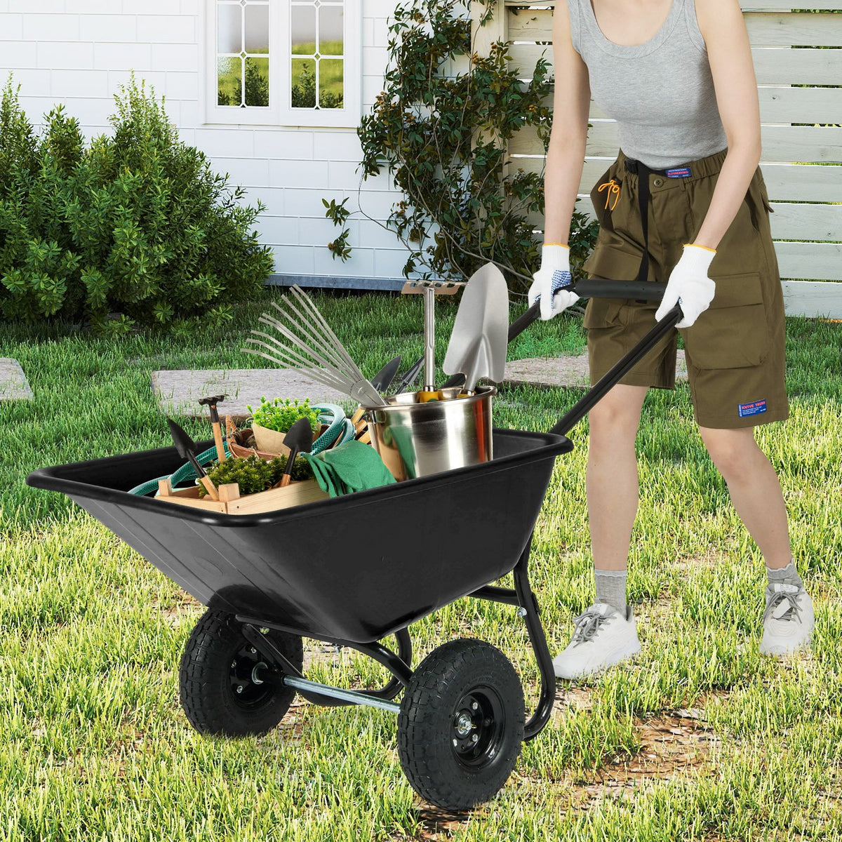 Dual-Wheel Wheelbarrow Garden Utility Cart with Pneumatic Tires-Black view 2