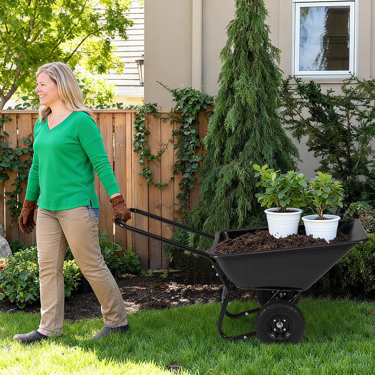 Dual-Wheel Wheelbarrow Garden Utility Cart with Pneumatic Tires-Black view 3
