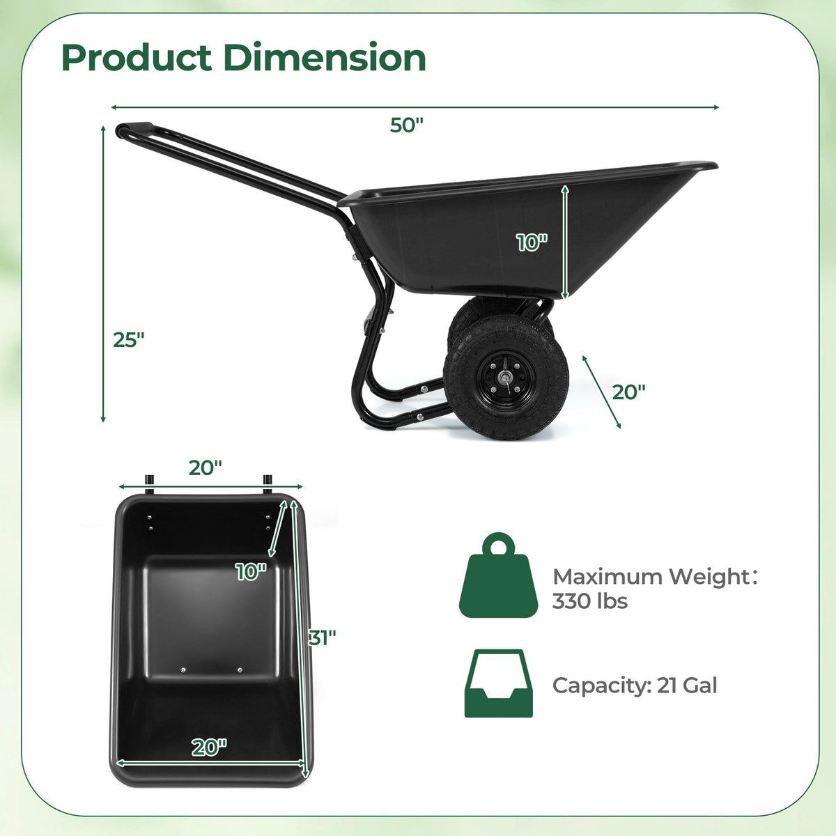 Dual-Wheel Wheelbarrow Garden Utility Cart with Pneumatic Tires-Black view 4