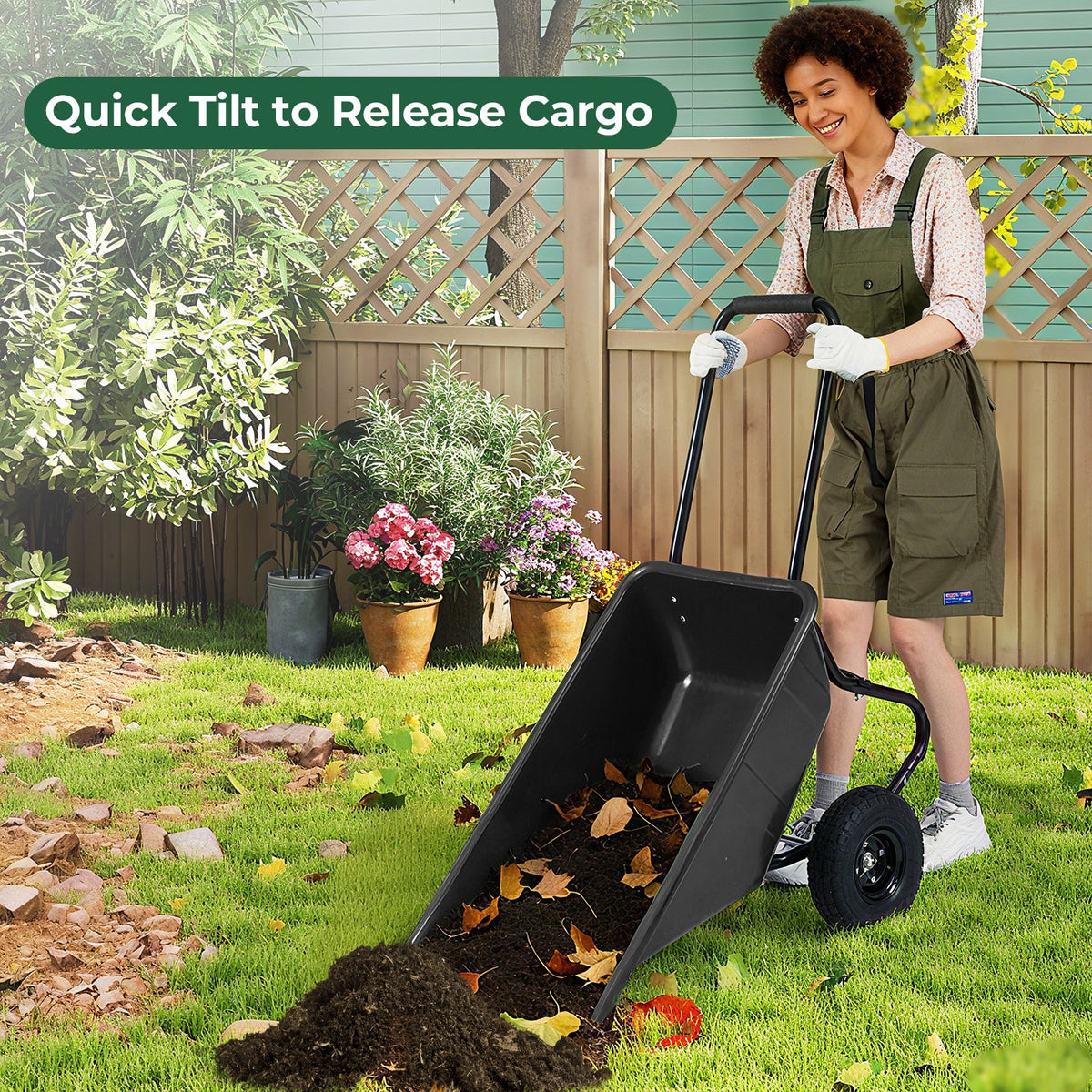 Dual-Wheel Wheelbarrow Garden Utility Cart with Pneumatic Tires-Black view 5